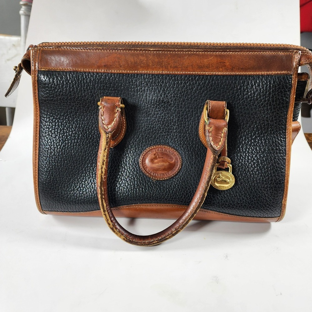 Dooney & Bourke 1990s All Weather Leather Bag Tote Navy and Tan Classic Chic